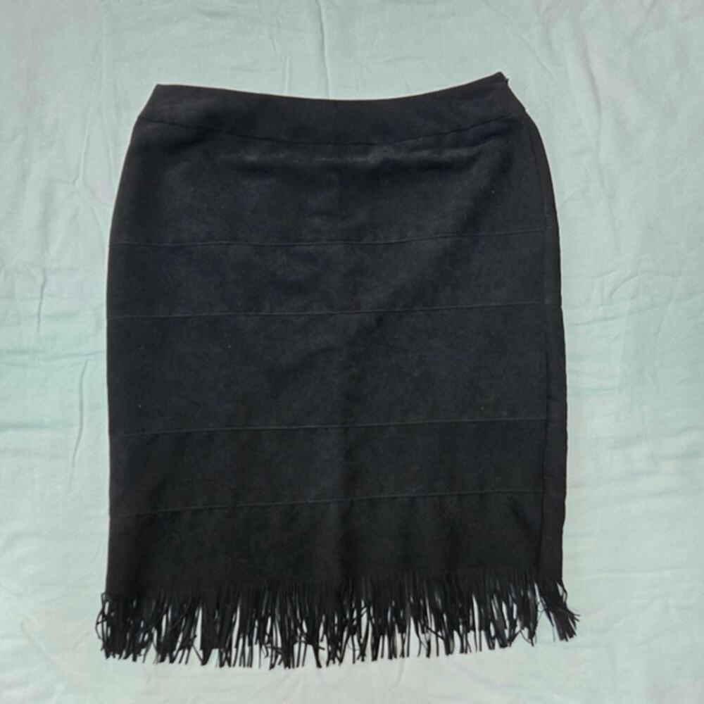 Studio 253 Black Suede Fringe Seamed Pencil Skirt With Side Zip